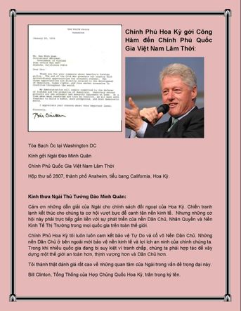 Công hàm đầu tiên do T̉ông Thống Hoa Kỳ Bill Clinton gửi Th̉u Tướng CPQGVNLT Đào Minh Quân ngày 28/01/1994