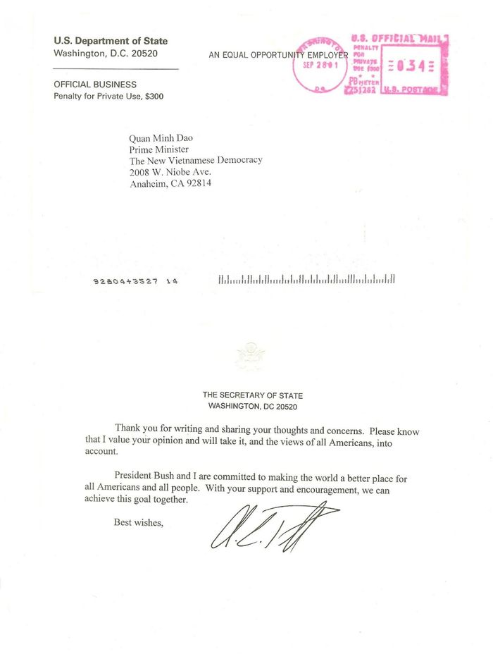 Official letter from General Colin Powell, US Secretary of States. 
