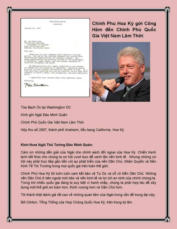 Công Hàm c̉ua T̉ông Thống Hoa Kỳ Bill Clinton g̉ưi Th̉u Tướng Đào Minh Quân đề ngḥi hợp tác giữa hai Chính Ph̉u ký ngày 28/1/1994 