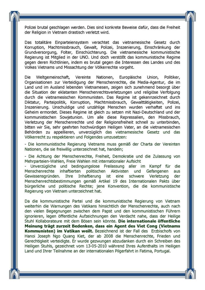 Công Hàm c̉ua Th̉u Tướng CPQGVNLT kính gửi Đức Giáo Hoàng Biển Đức XVI lần Thứ 2 ngày 9/2/2013 bằng Đức ngữ để yêu cầu Ngài can thiệp cứu những đồng bào VN bị CSVN giam cầm phi pháp -  trang 3/4