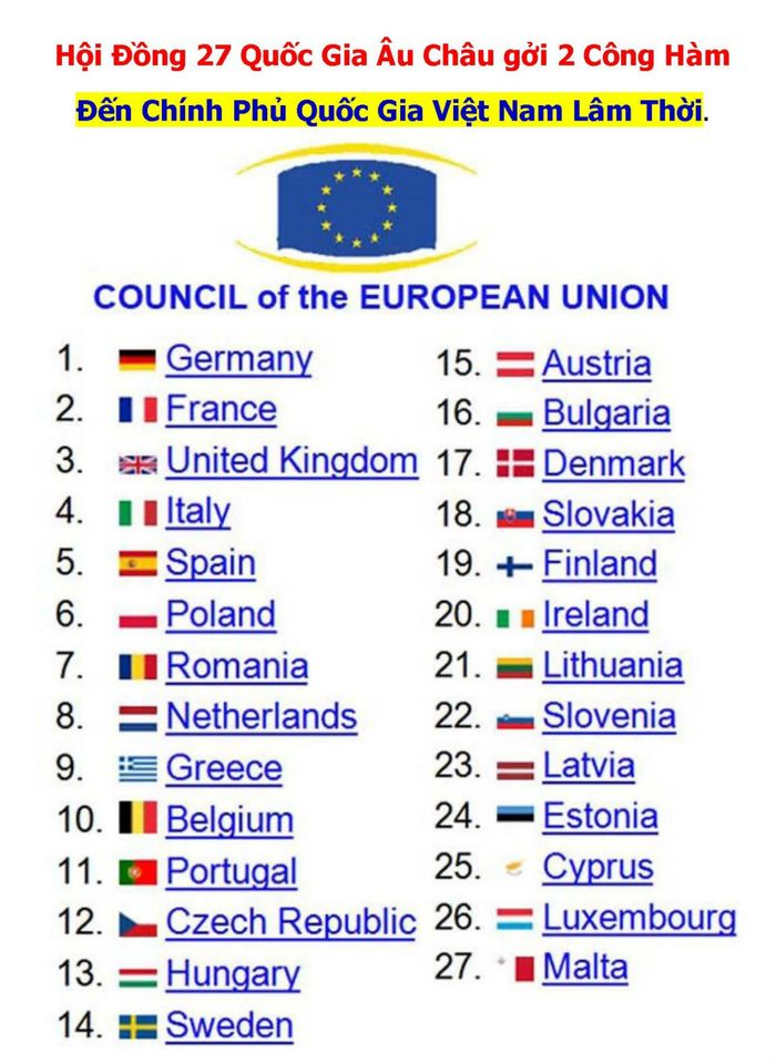 Hội đồng 27 quốc gia gồm Đức, Pháp, Anh, Ý, Tây Ban Nha, Ba Lan, Lỗ Ma Ni, Hà Lan, Hy Lạp, B̉i, Bồ Đào Nha, Cộng Hòa Séc, Hung Gia Lợi, Thụy Điển, Áo, Bulgaria, Dan Ṃach, Slovakia, Phần Lan, Ireland, Lithuania, Slovenia, Latvia, Estonia, Cyprus, Luc Xâm B̉ao và Malta gửi công hàm đến Th̉u Tướng CPQGVNLT